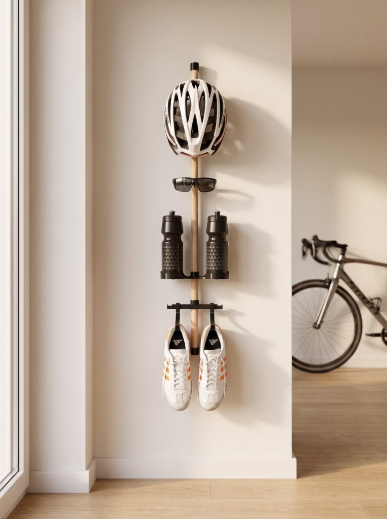 GRVLX Gear Rack aus Eiche vertikal an der Wand im Flur mit Helm, Brille, Trinkflaschen und Radschuhen