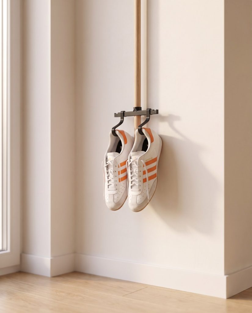 Detailaufnahme des Schuhhalters mit Rennradschuhen am GRVLX Gear Rack